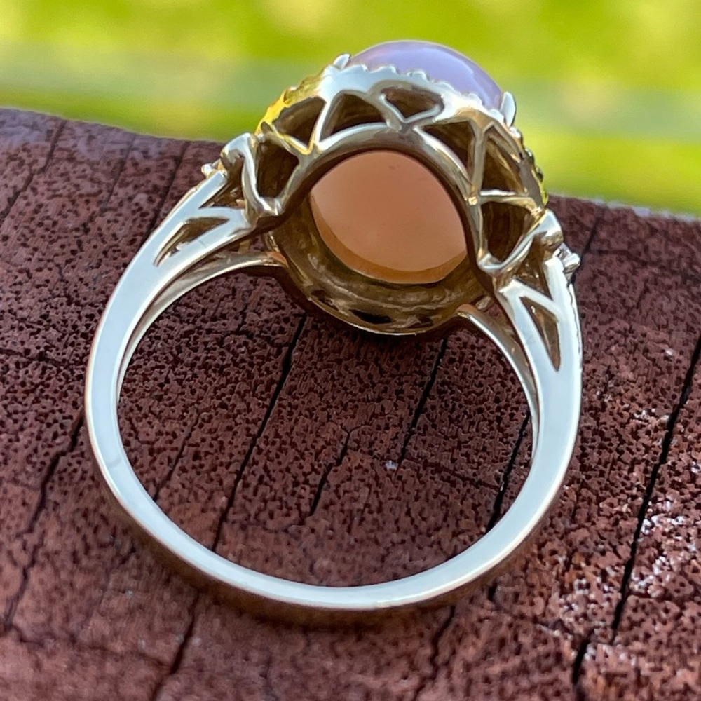 14K Yellow gold natural Oval cabochon Peruvian pink opal & diamonds ring RARE - Picture 15 of 16